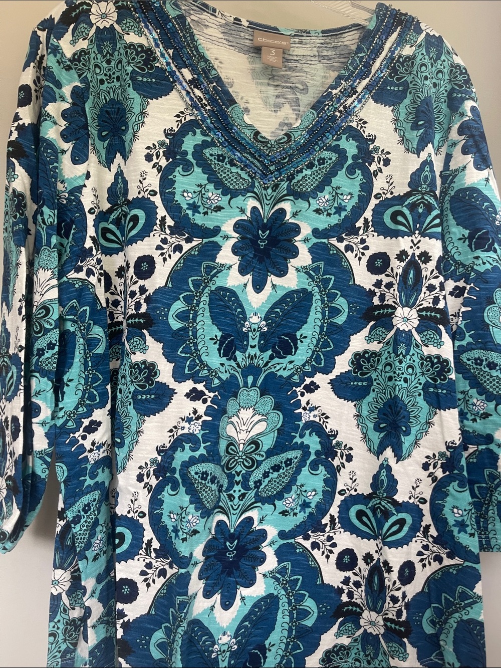 Chico’s Blue Floral Embellished V-Neck Women's Top